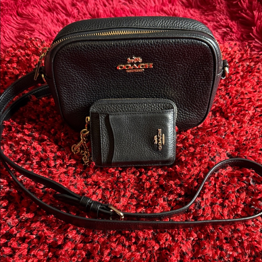 Coach Black Leather Crossbody Camera Bag and  small wallet Set